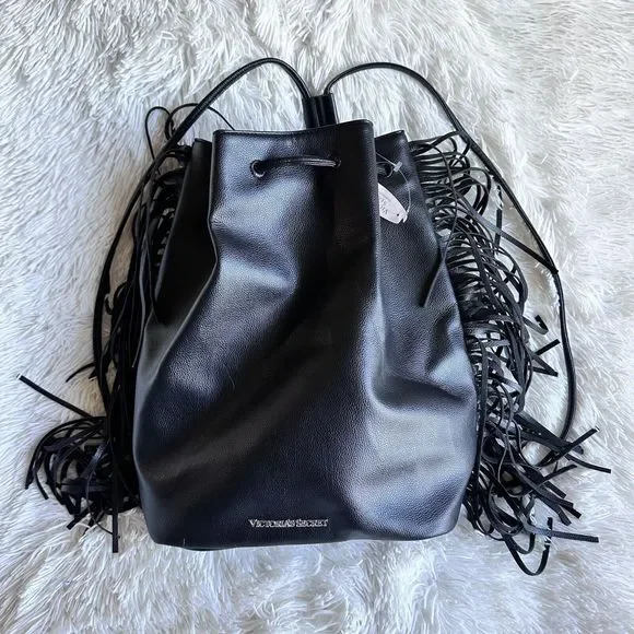 Victoria\'s Secret black faux leather tassel fringe drawstring purse backpack Victorias Secret VS Black Faux Leather Fringe Backpack Bag  main image 2